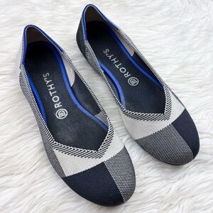 Rothys Flat Cap Toe Round Toe Ballet Shoe Black White Gray Grey Plaid Size 9